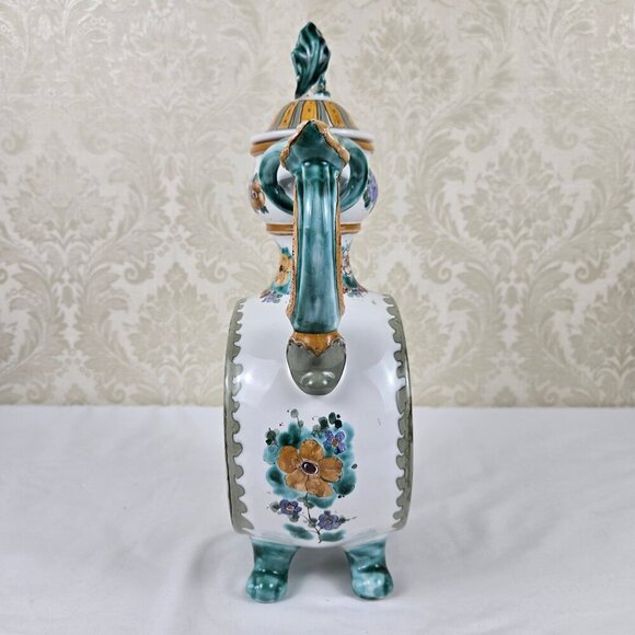Vintage Hand Painted Footed Ceramic Water Pitcher Green White Floral Signed 1994 - Picture 8 of 16